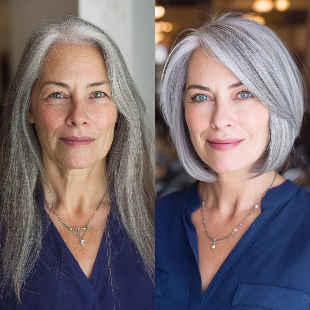 Chic Silver Angled Bob with Subtle Layers