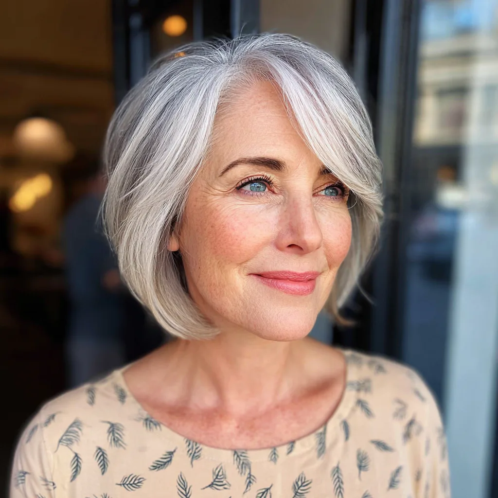 Chic Silver Layered Bob with Side-Swept Bangs
