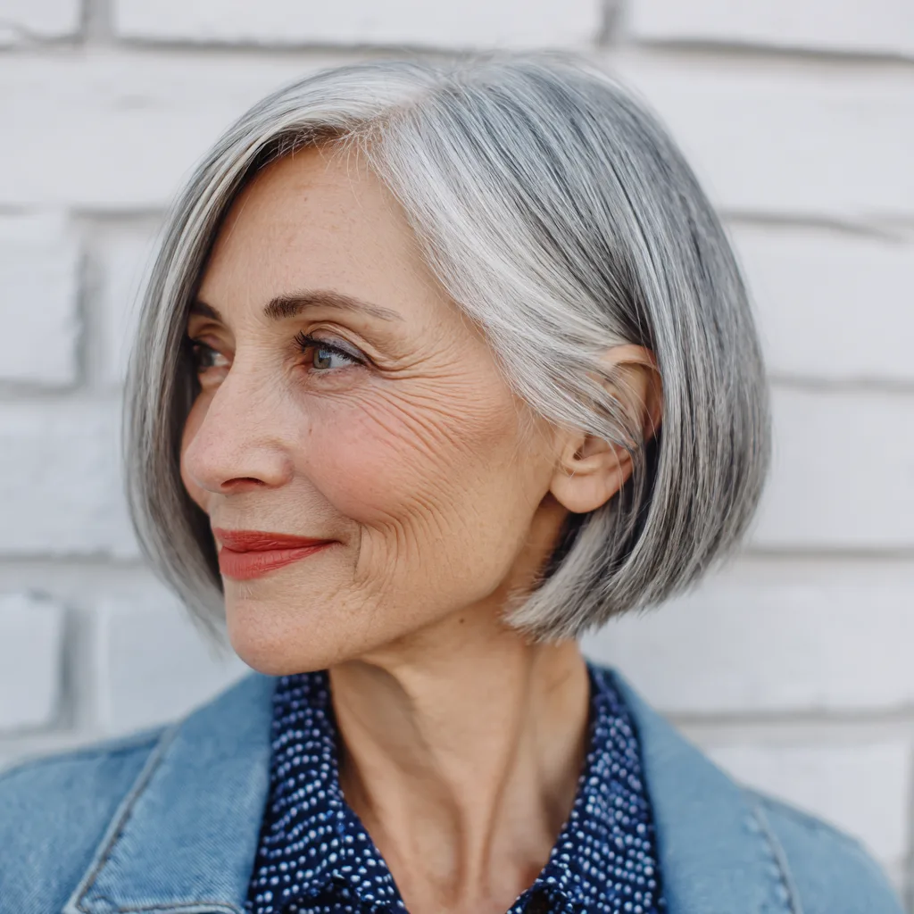 Chic Silver Layered Bob with Side Swept Bangs