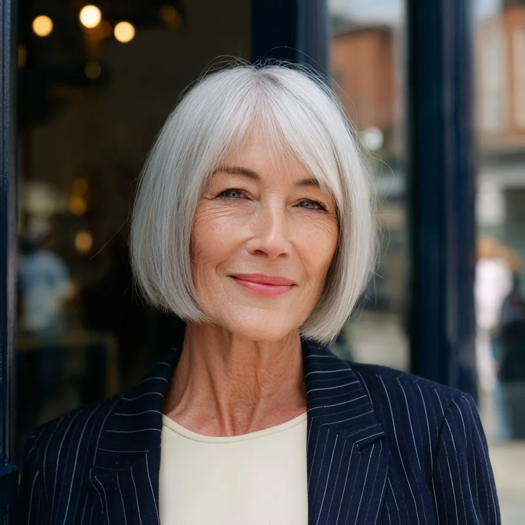 Chic Silvery Blunt Bob with Soft Face-Framing Layers