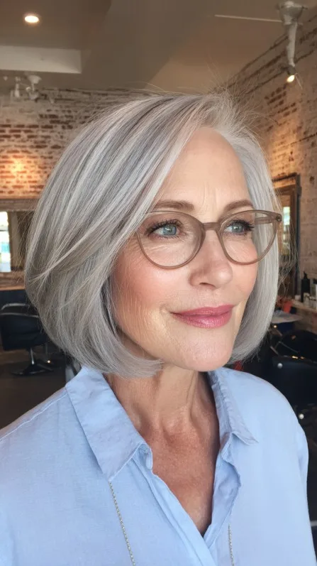 Chic Sleek Grey Bob with Subtle Side Part