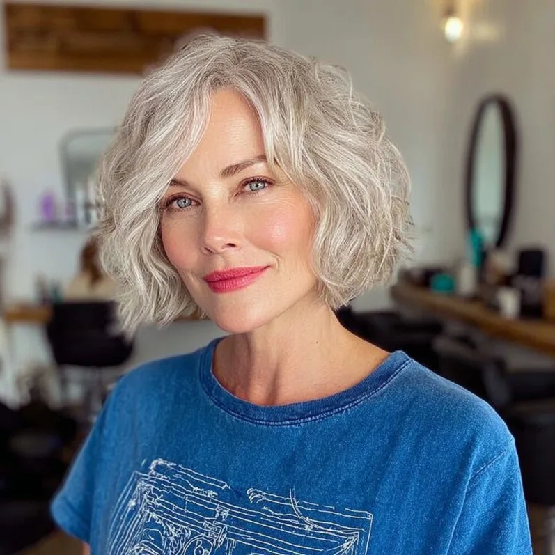 Chic Softly Curled Silver Bob with Face-Framing Layers
