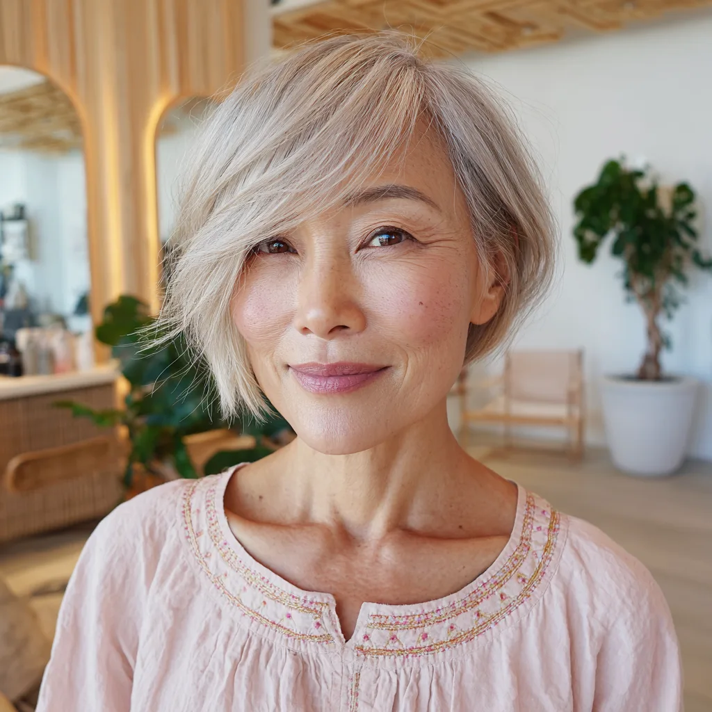 Chic Softly Textured Ash Blonde Pixie Bob with Side Swept Bangs
