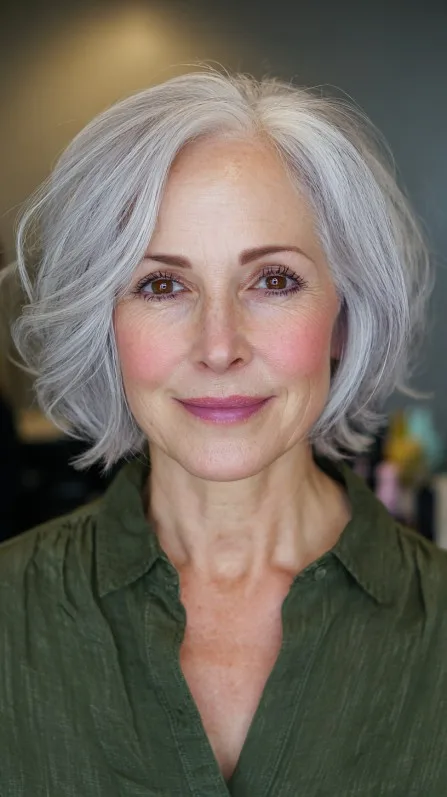 Chic Softly Textured Silver Bob with Flipped Ends
