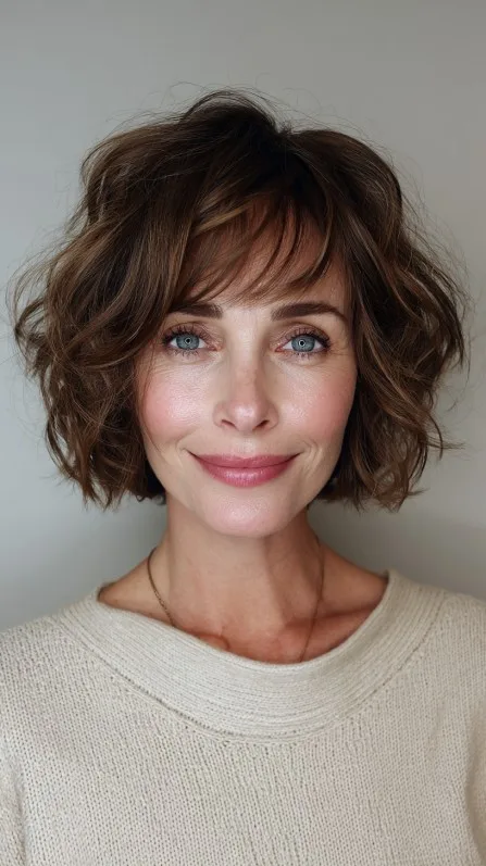 Chic Textured Bob with Soft Curls and Bangs