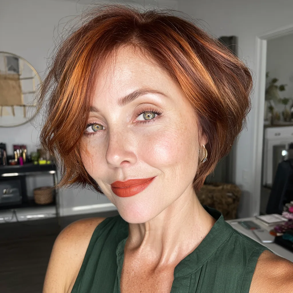 Chic Textured Bob with Warm Copper Highlights