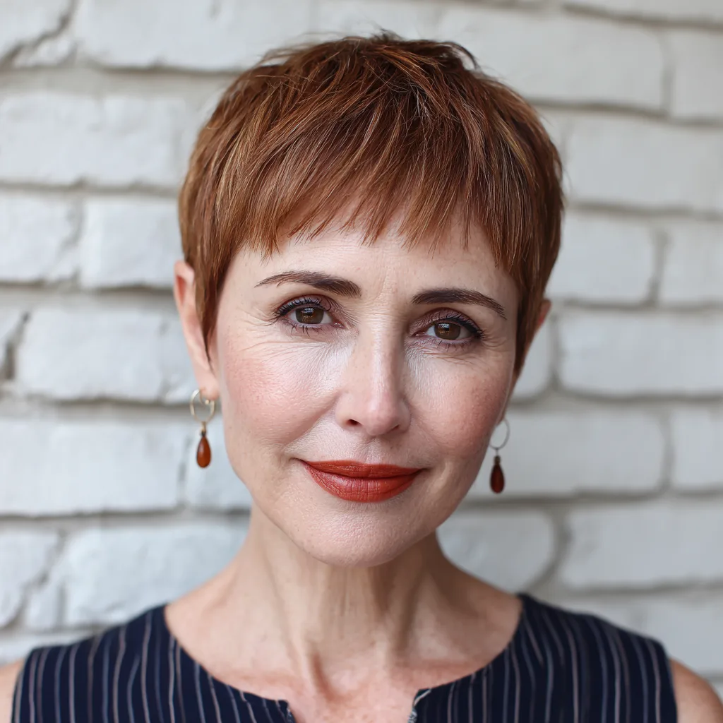 Chic Textured Copper Pixie Cut with Soft Bangs