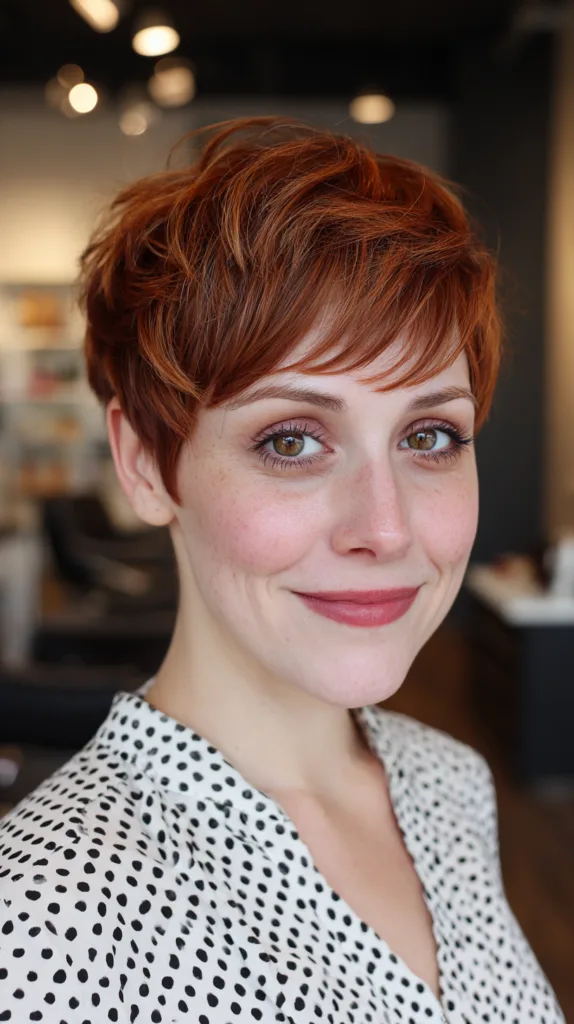 Chic Textured Copper Pixie with Soft Bangs