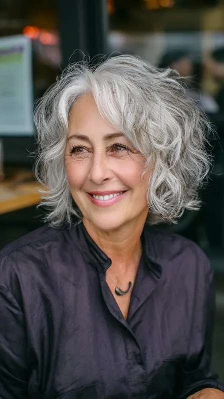 Chic Textured Grey Bob with Soft Curls