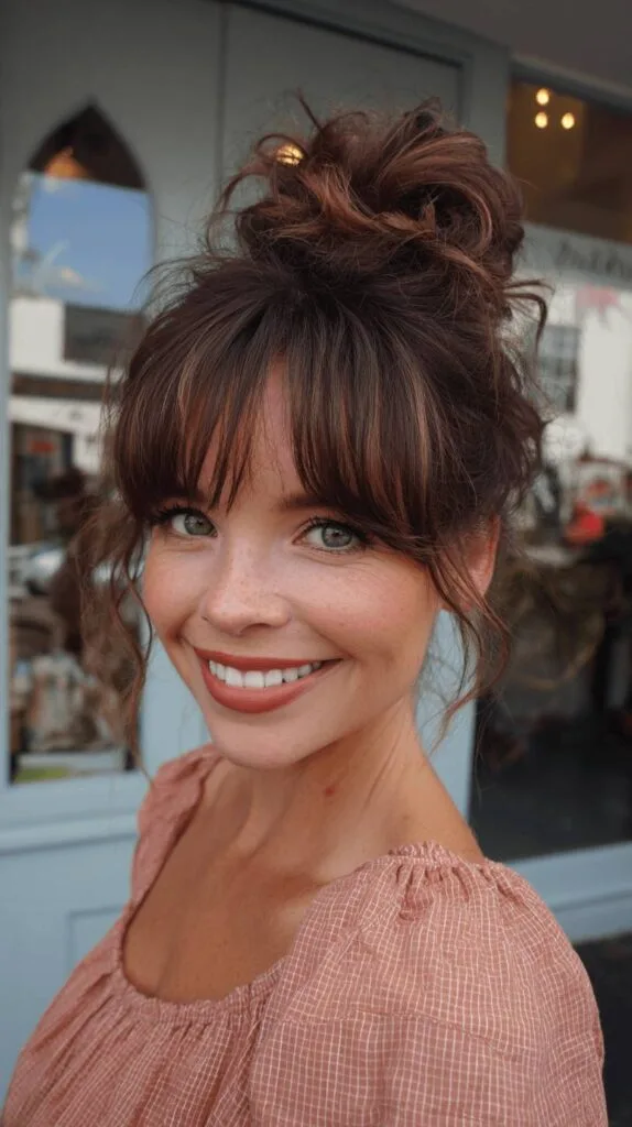 Chic Textured High Bun with Face-Framing Bangs