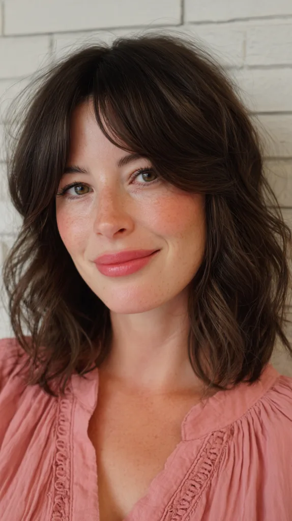 Chic Textured Mid-Length Brunette with Soft Bangs
