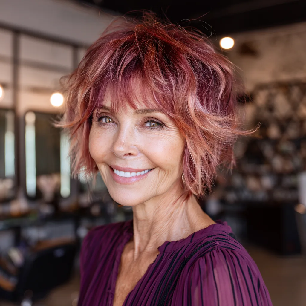 Chic Textured Pixie Cut with Warm Rose Highlights