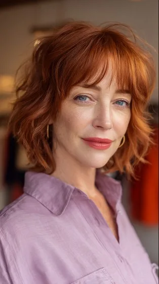 Chic Textured Red Bob with Soft Fringe