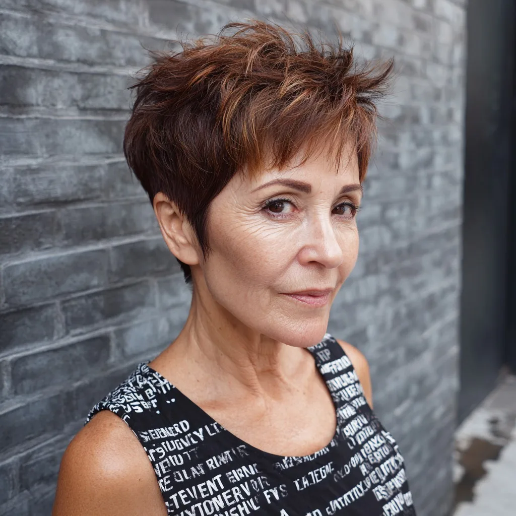 Chic Textured Short Haircut with Warm Brown Highlights