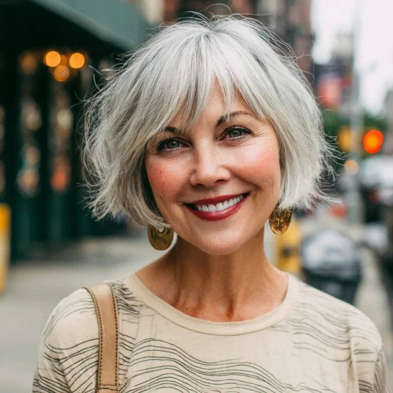 Chic Textured Silver Bob with Playful Layers