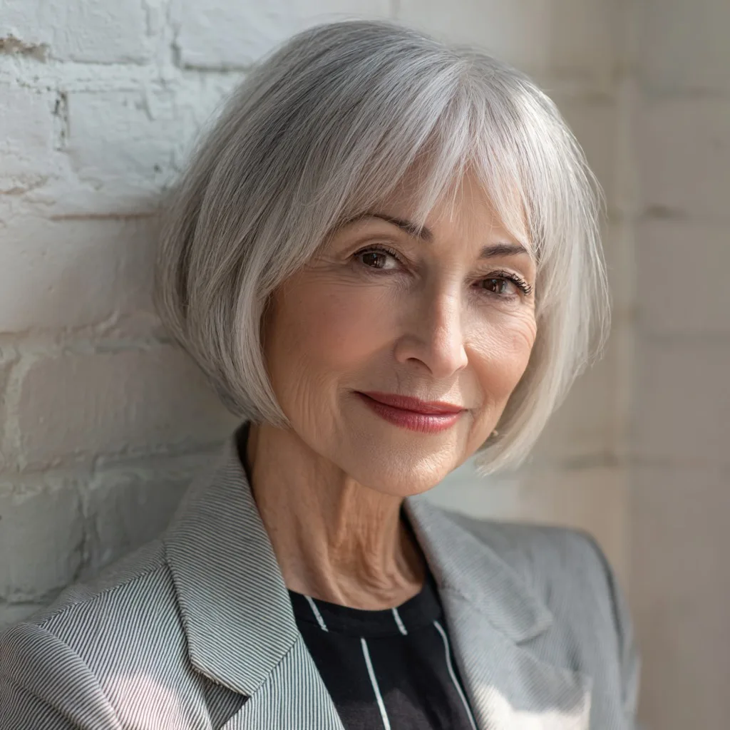 Chic Textured Silver Bob with Soft Bangs
