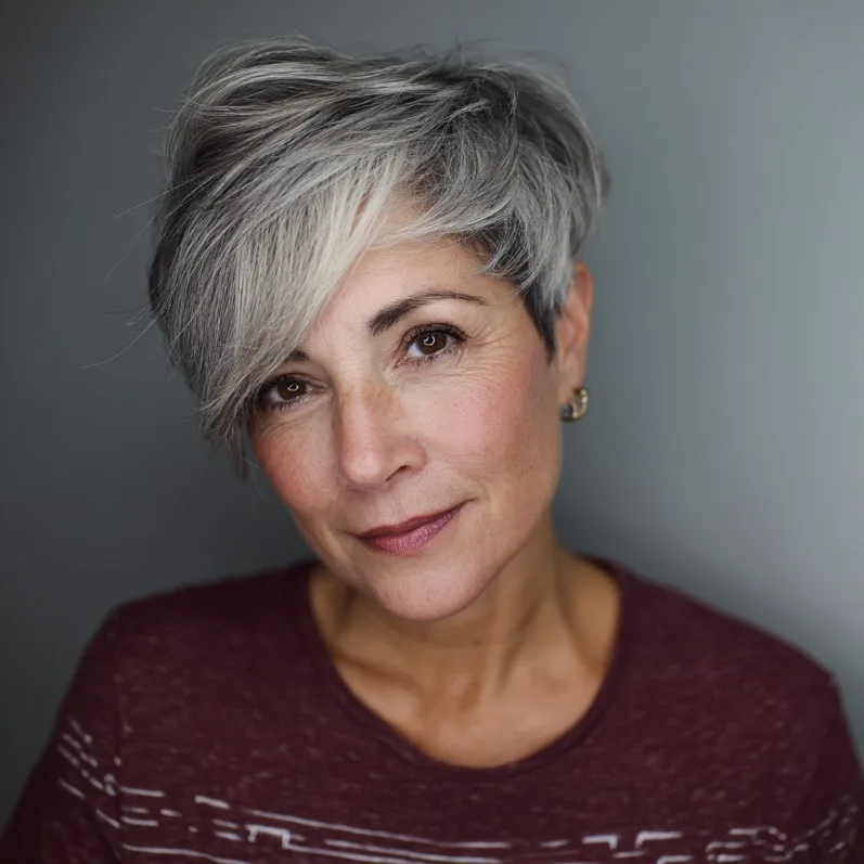 Chic Textured Silver Pixie with Side-Swept Bangs