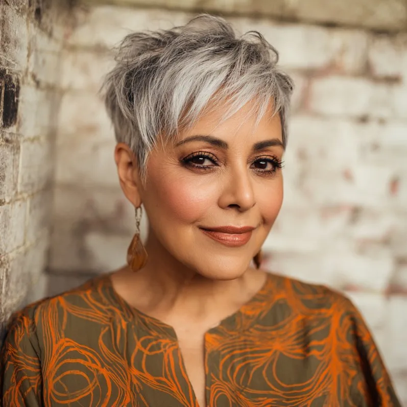 Chic Textured Silver Pixie with Soft Layers
