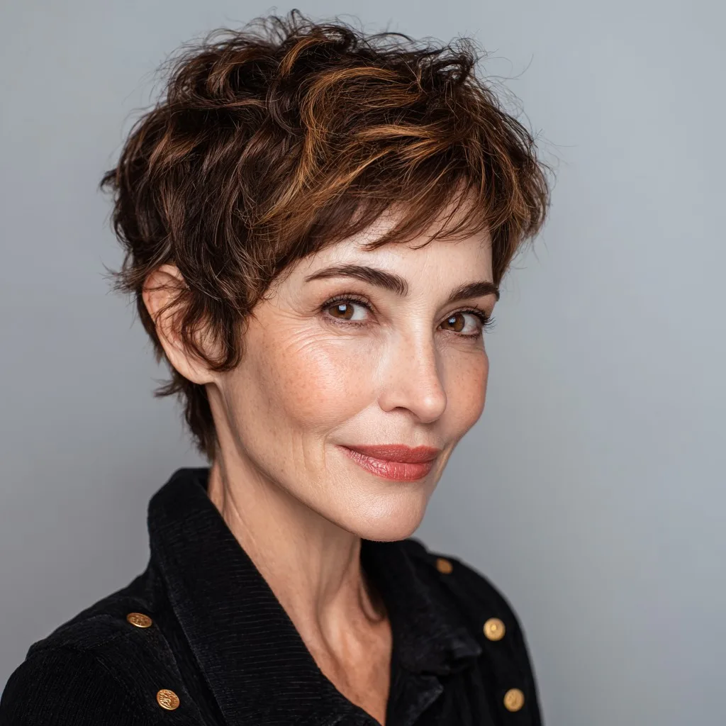 Chic Textured Warm Brown Pixie with Subtle Highlights