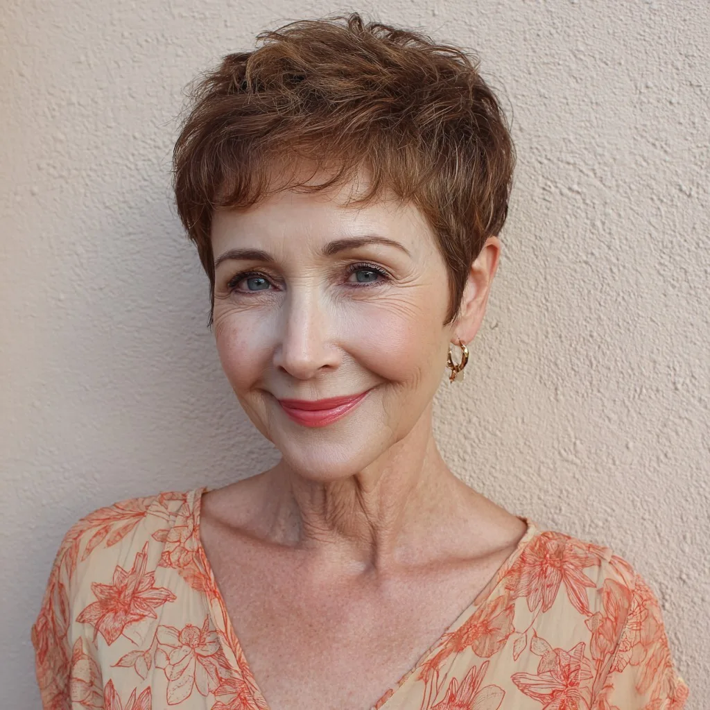 Chic Textured Warm Brown Pixie with Subtle Volume