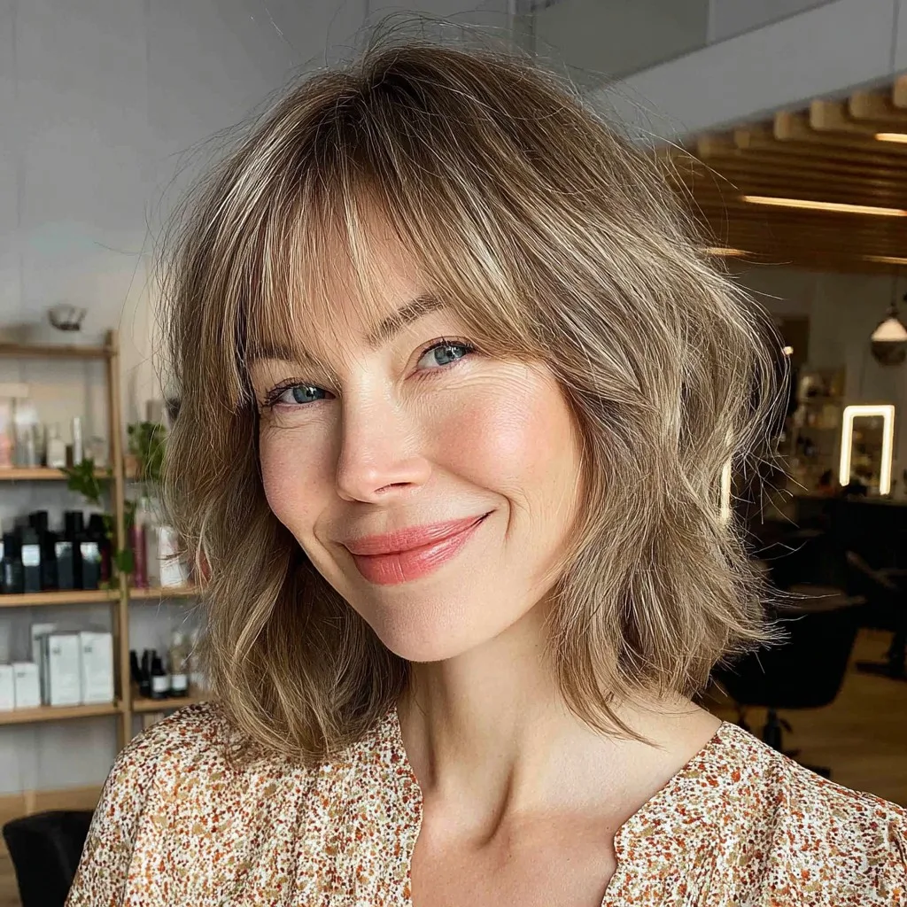 Chic Textured Wavy Cut with Soft Choppy Bangs