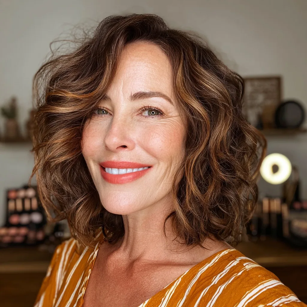 Chic Warm Brown Curly Lob with Soft Highlights