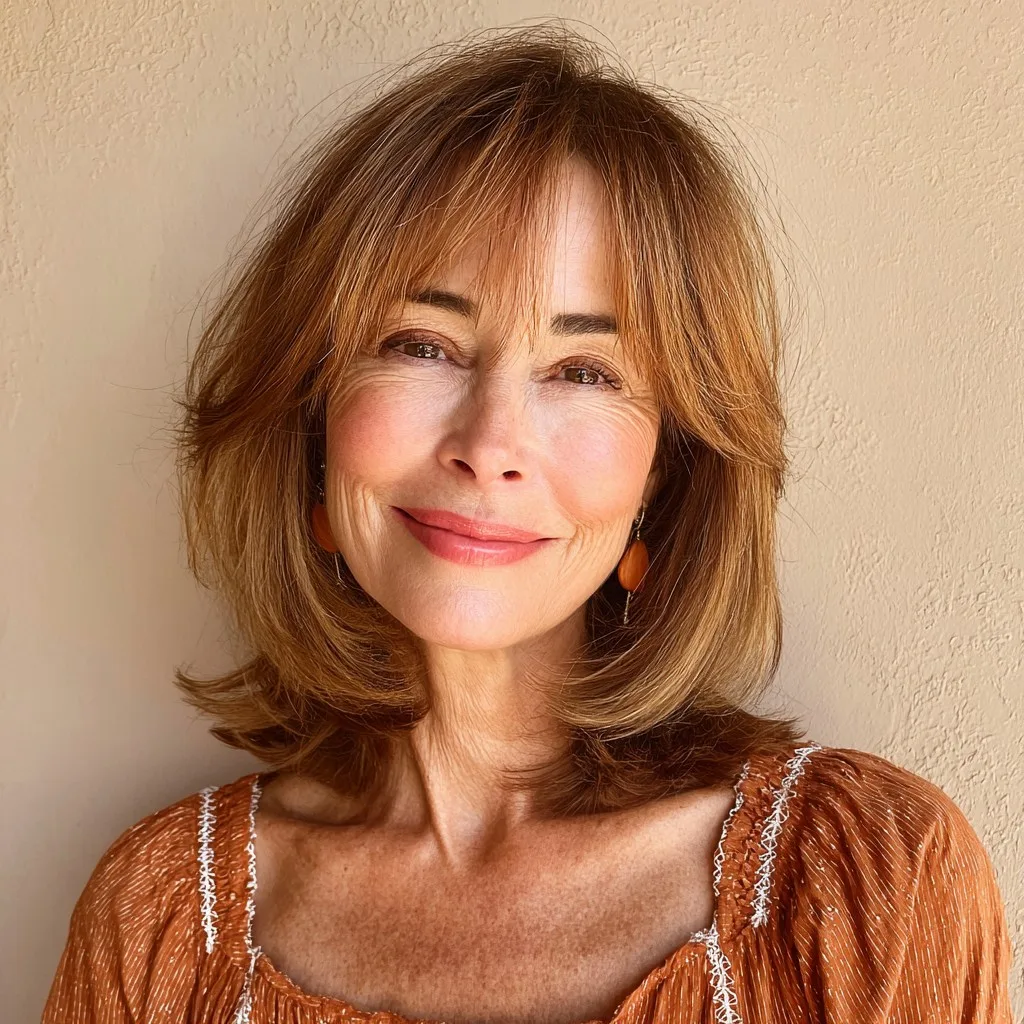 Chic Warm Brown Layered Cut with Face-Enhancing Bangs