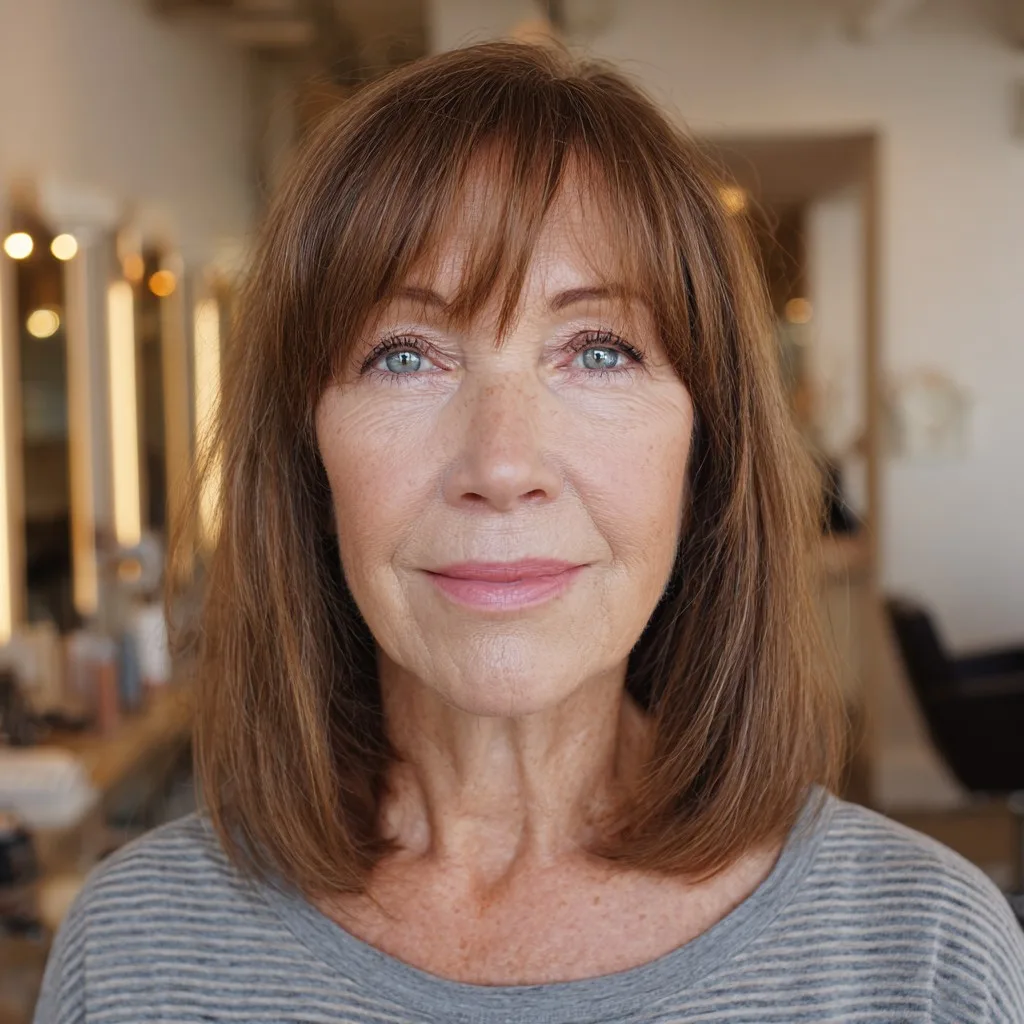 Chic Warm Brown Shoulder-Length Cut with Soft Bangs