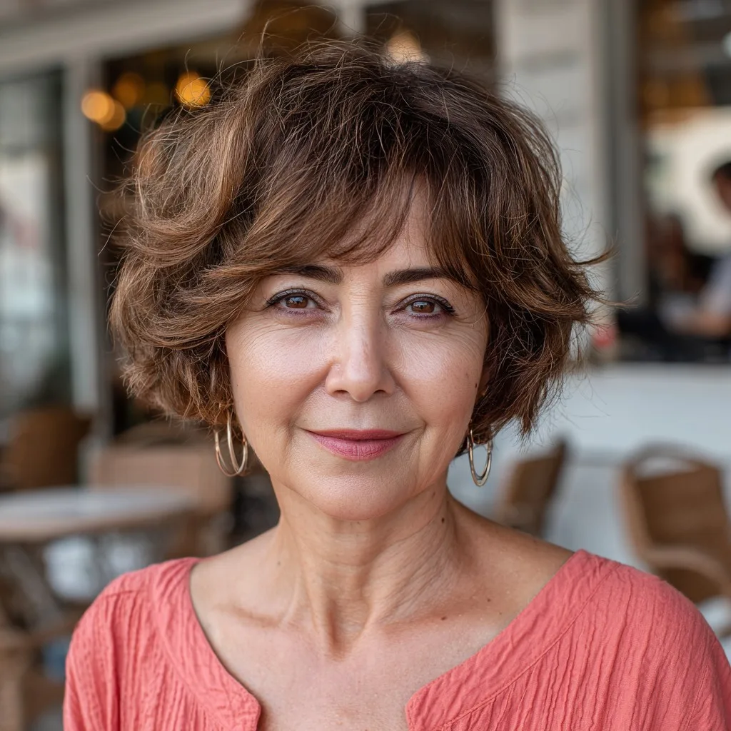 Chic Warm Brown Textured Bob with Soft Curls