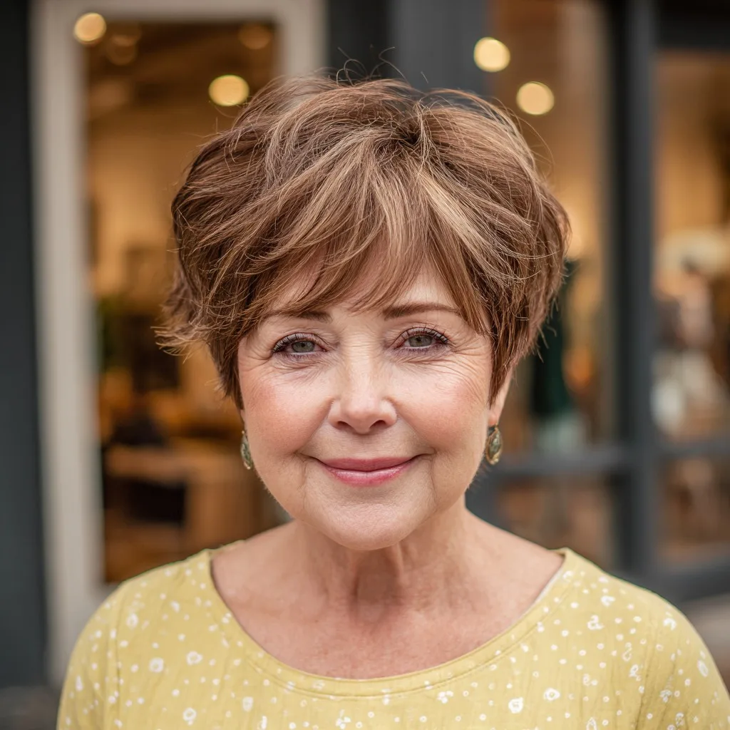 Chic Warm Brown Textured Crop with Soft Bangs