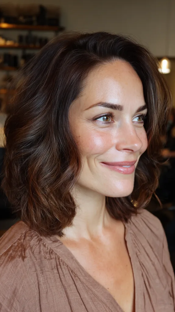 Chic Wavy Brunette Lob with Subtle Highlights