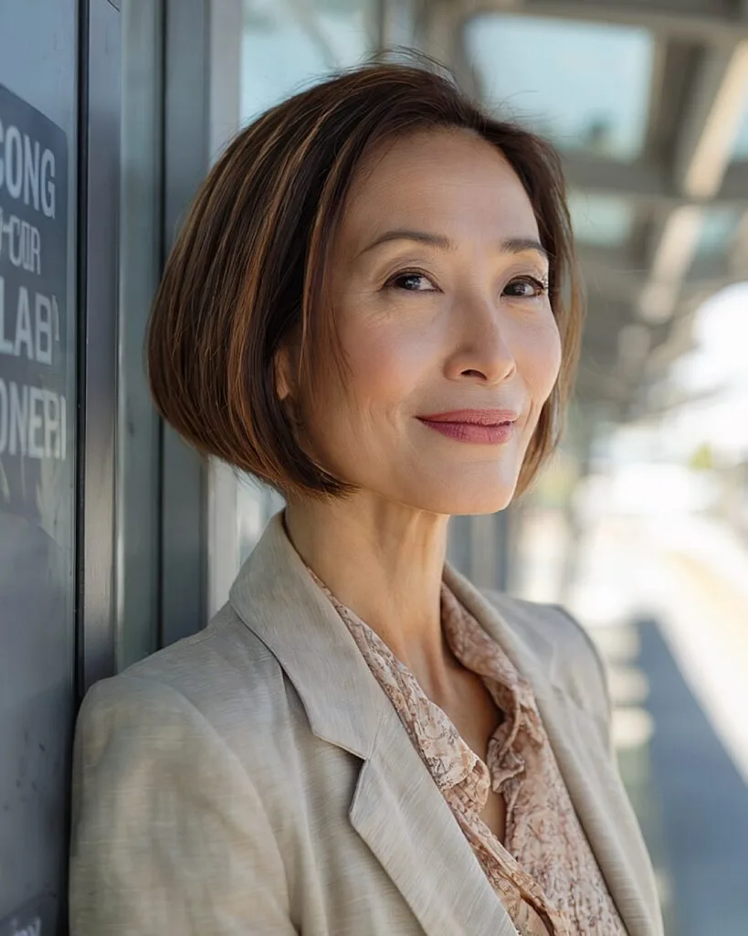 Chin-length angled bob for older women with fine hair and soft layering around the jawline