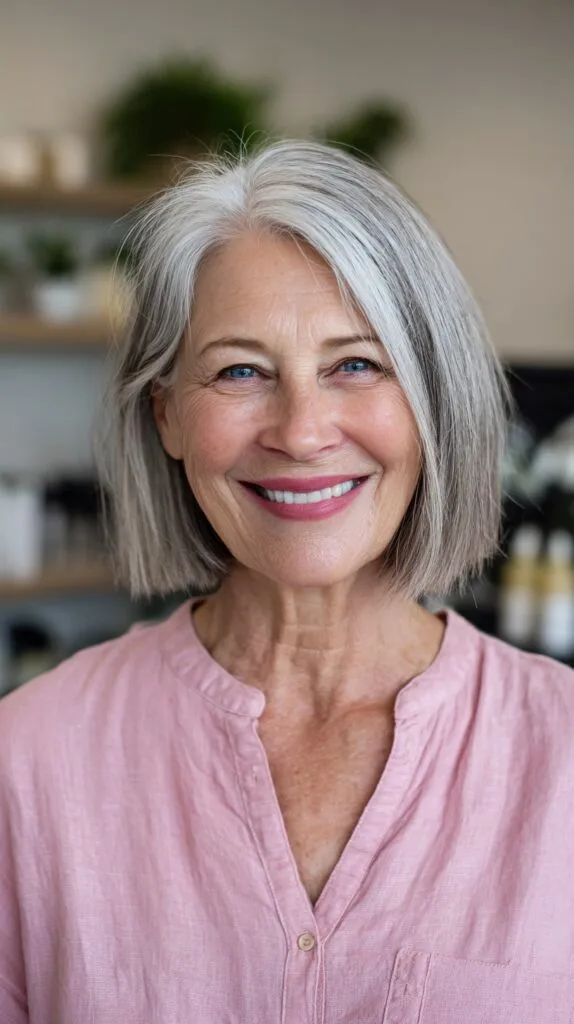 Chin-Length Blunt Bob with Natural Grey Dimension and Root Shadow