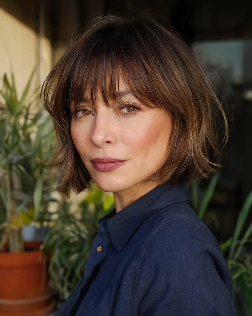 Chin-length bob with wispy bangs for women over 40 with fine hair and natural texture
