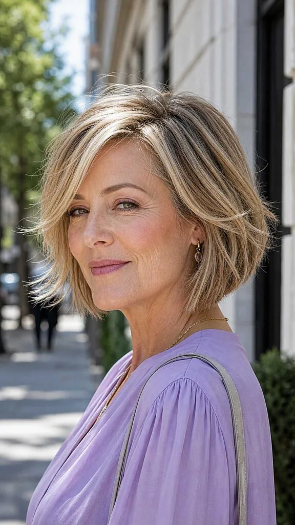Chin-length dimensional blonde bob with textured ends