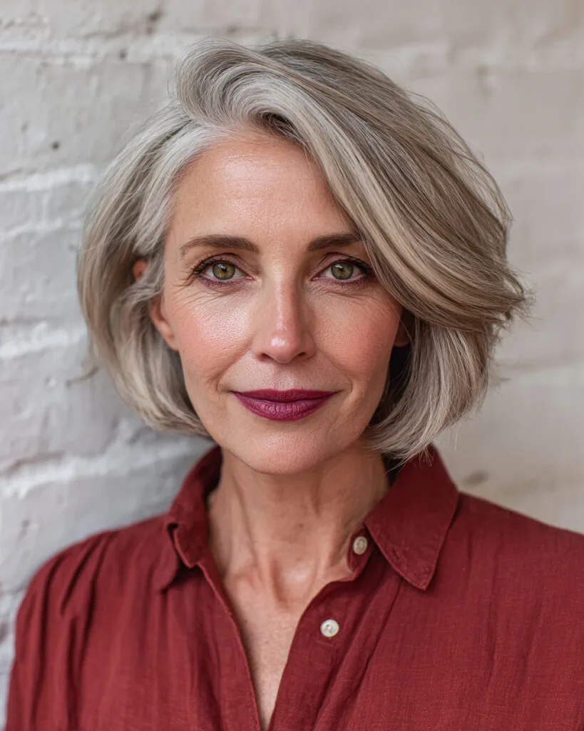 Chin-length feathered bob with side part and silver-blonde tones for older women