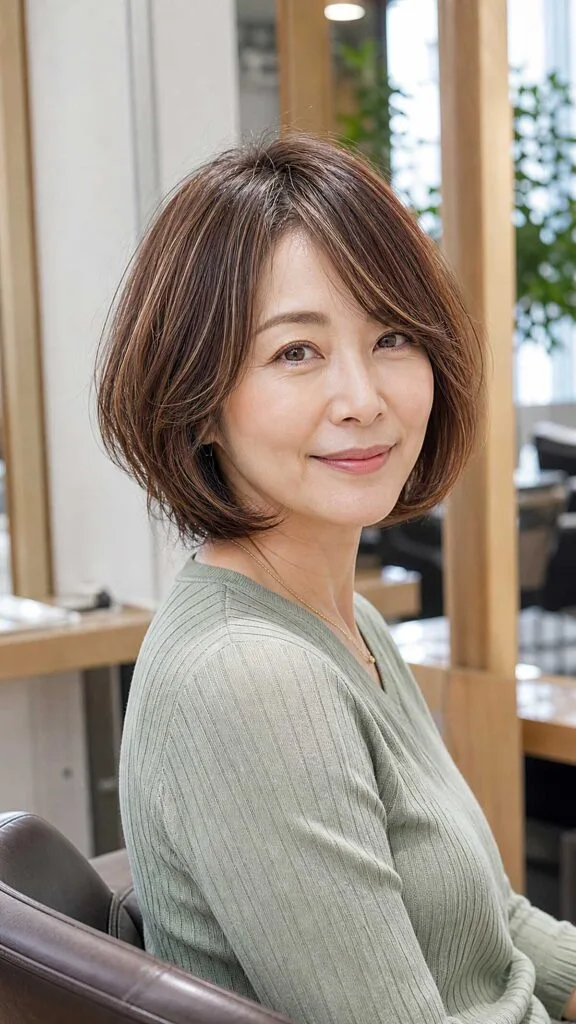 Chin-length layered brown bob with wispy side fringe
