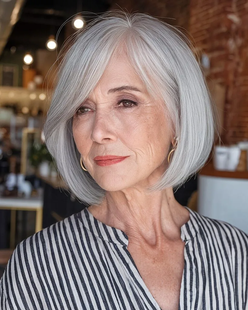 Chin-length sleek grey bob with side-swept bangs for women over 60
