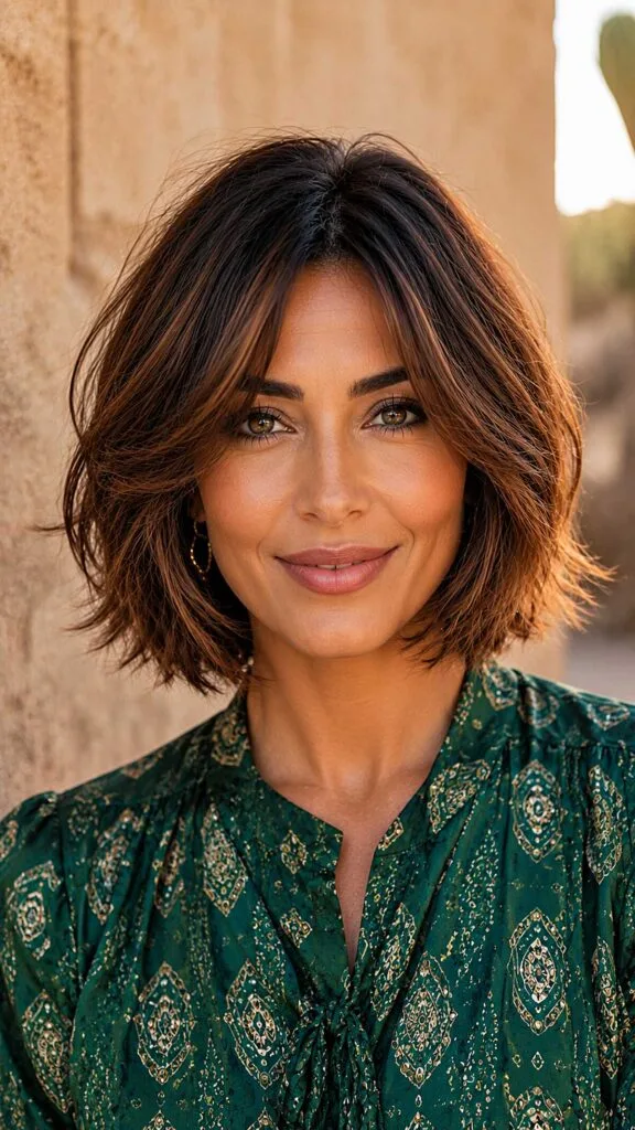 Chin-Length Textured Bob with Dark Auburn Tones