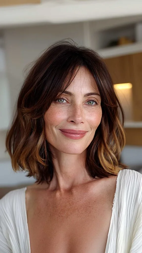 Chocolate brown layered lob with subtle warm highlights