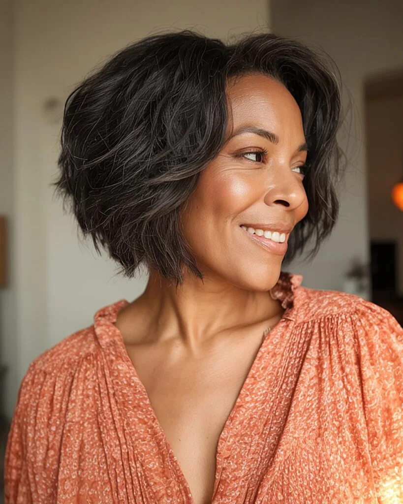 Choppy angled bob haircut with textured layers for older women and thick natural hair