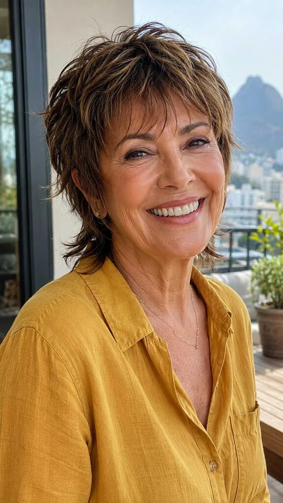 Choppy Brunette Shag with Sun-Kissed Highlights and Neck-Grazing Length