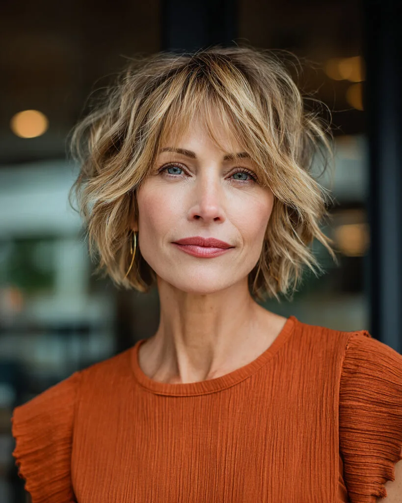 Choppy layered short shag with wispy bangs for mature women with fine hair