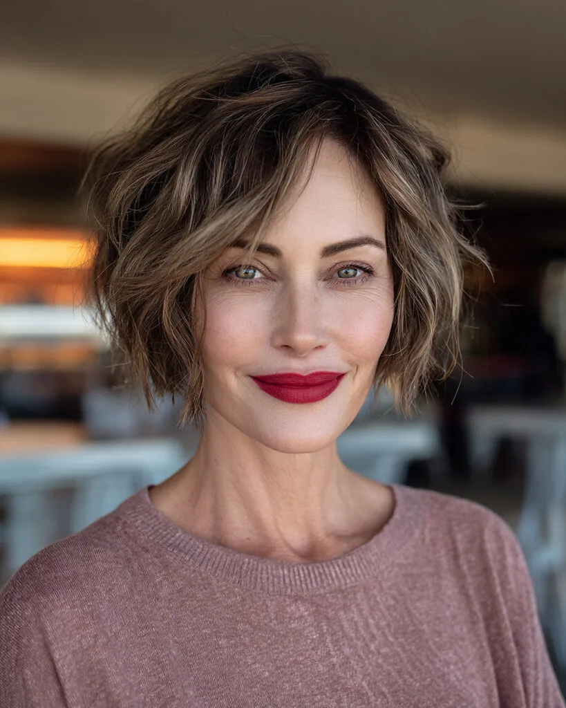 Choppy short bob with razored ends and tousled texture for older women
