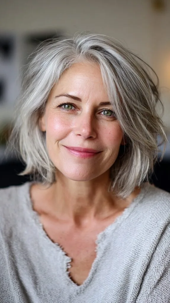 Choppy Silver Collarbone Bob with Deep Side Part and Root Lift