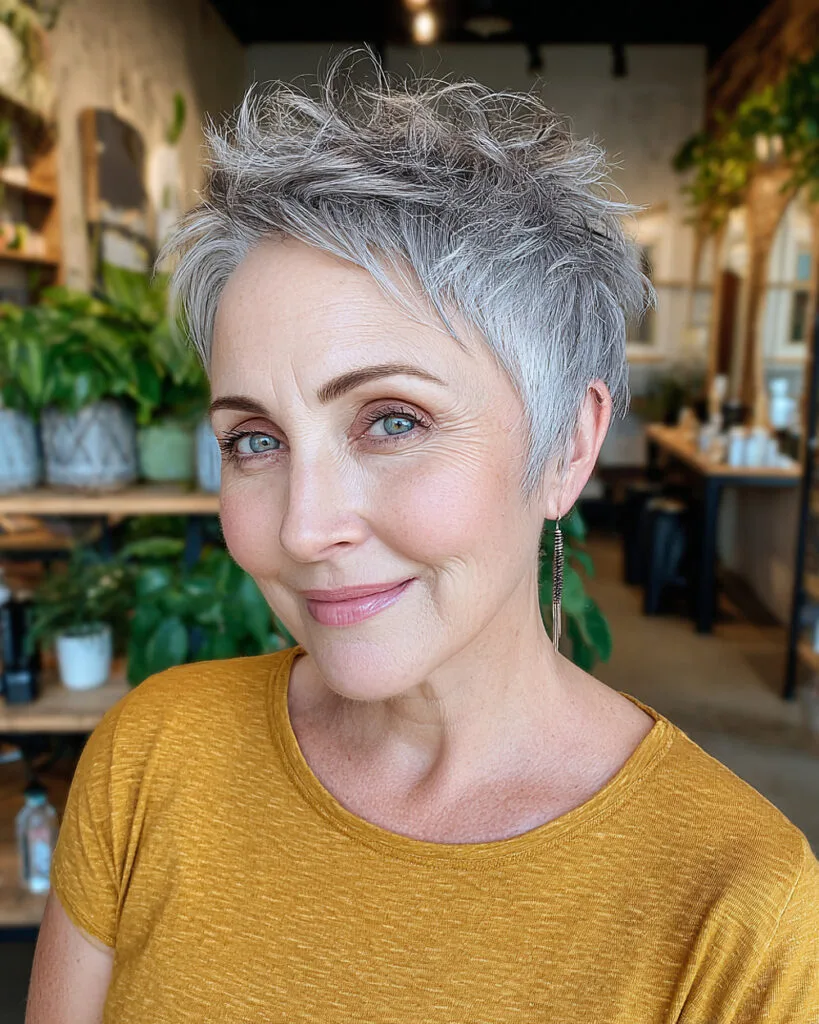 Choppy silver pixie cut with feathered texture for older women with short hair