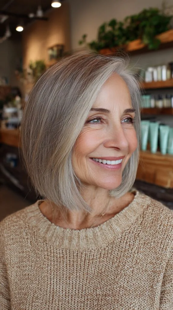 Classic Chin-Length One-Length Bob with Silver Grey Blend