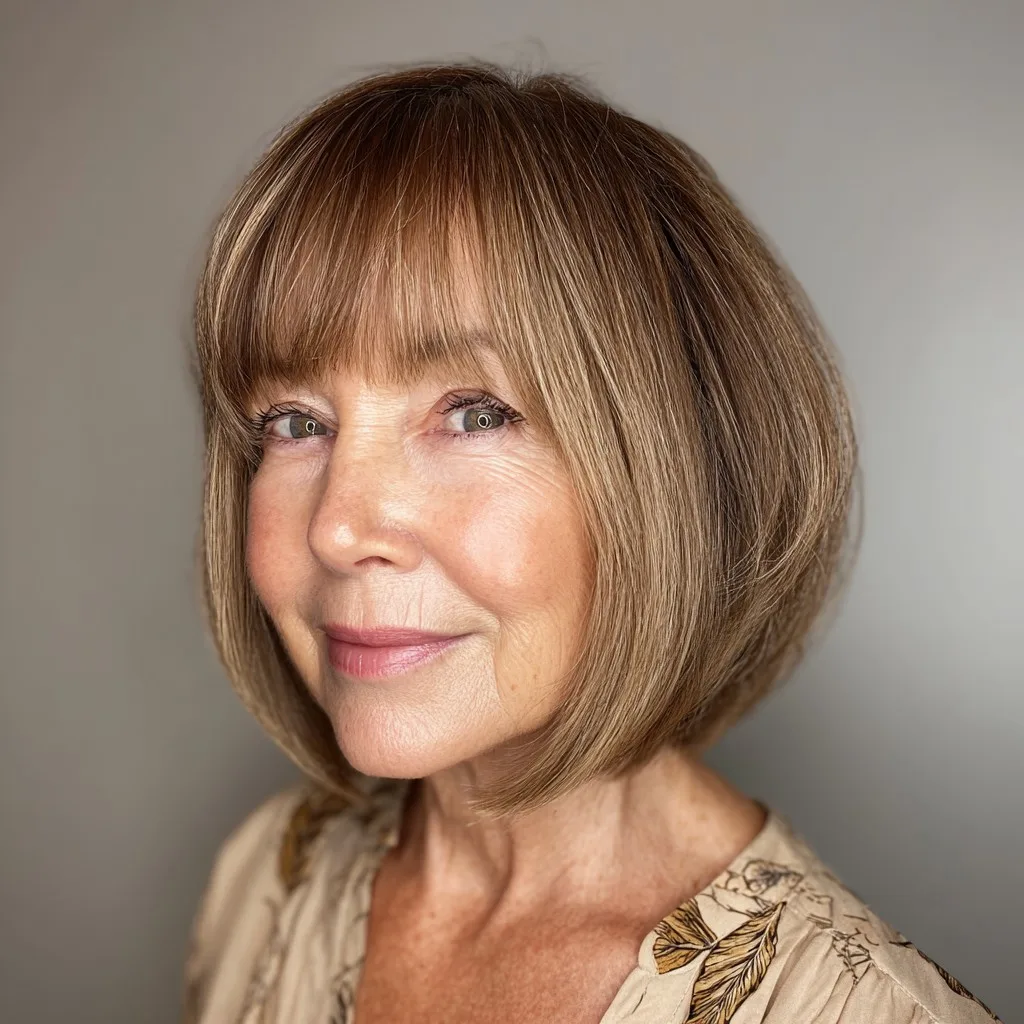 Classic Warm Brown Blunt Bob with Wispy Bangs