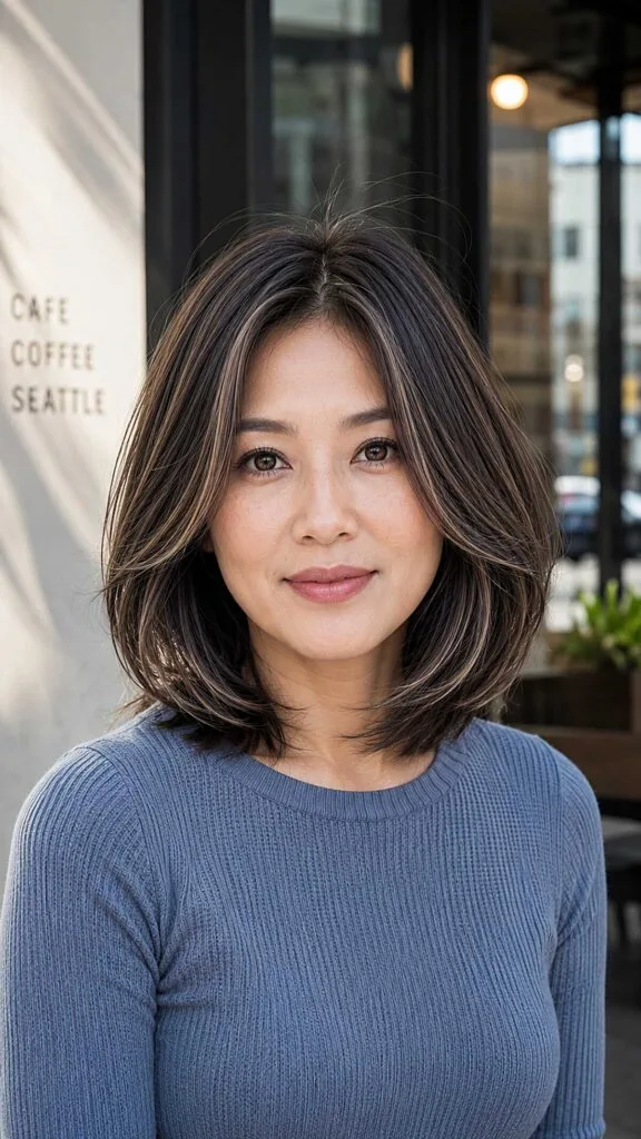 Collarbone-Length Dark Layered Bob with Highlights