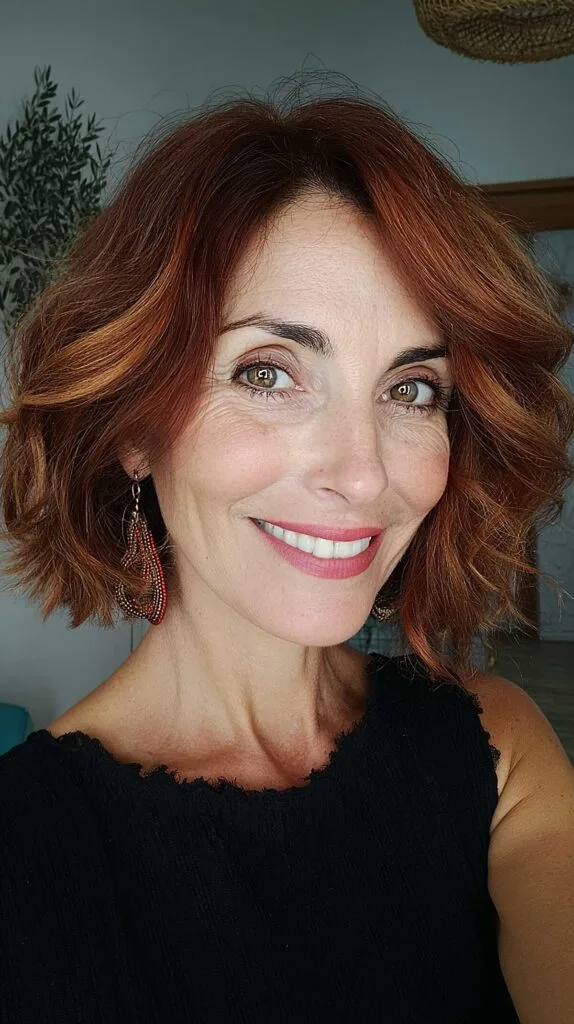 Copper auburn wavy bob with lived-in texture